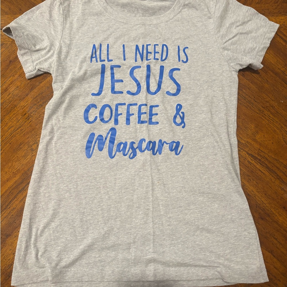 Gray Women’s Shirt with Blue Print | All I need is Jesus, coffee and mascara